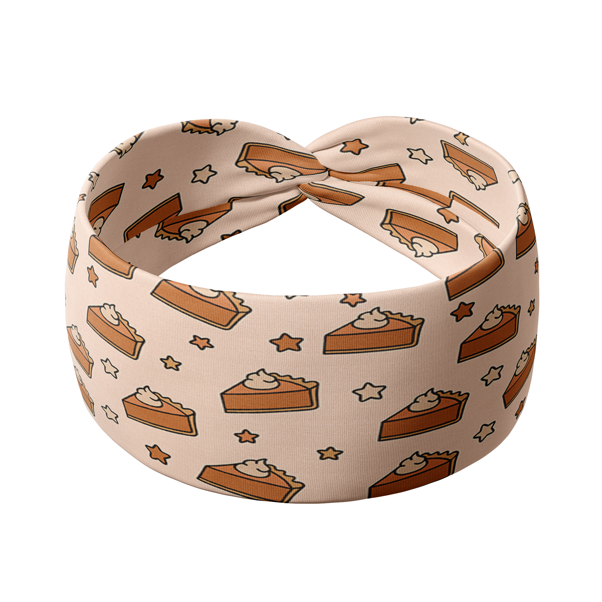 Adult women's blush headband with slices of pumpkin pie and whipped cream and yellow and brown stars