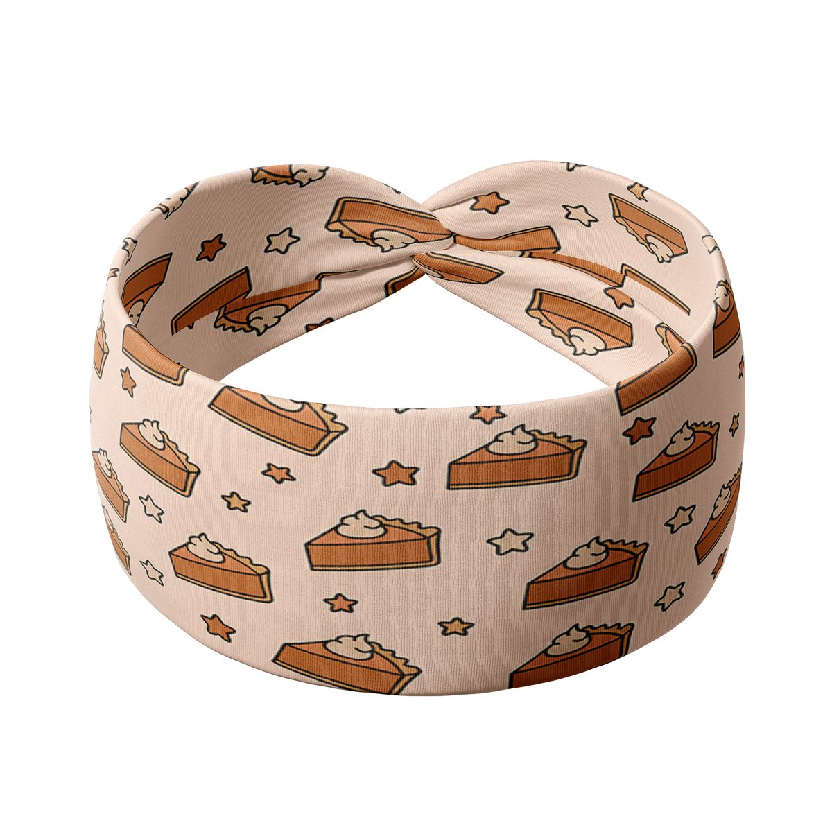 Adult women's blush headband with slices of pumpkin pie and whipped cream and yellow and brown stars