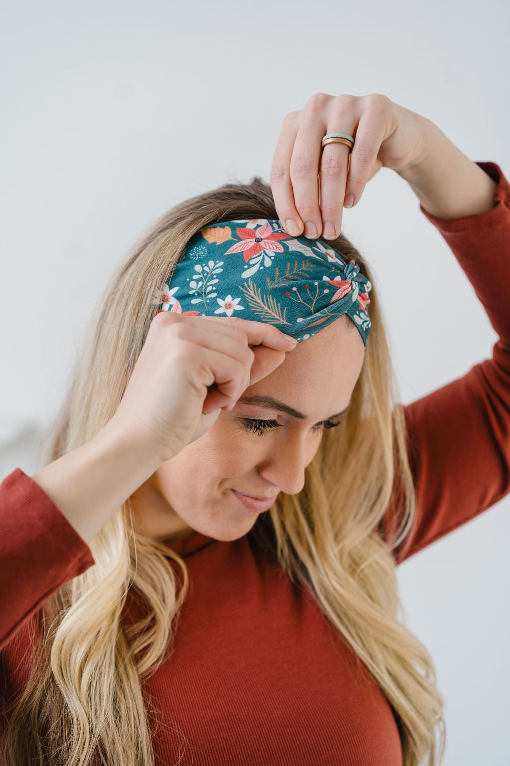 Adult women's dark emerald green with sage greenery, gold leaves, and red, pink and white flowers