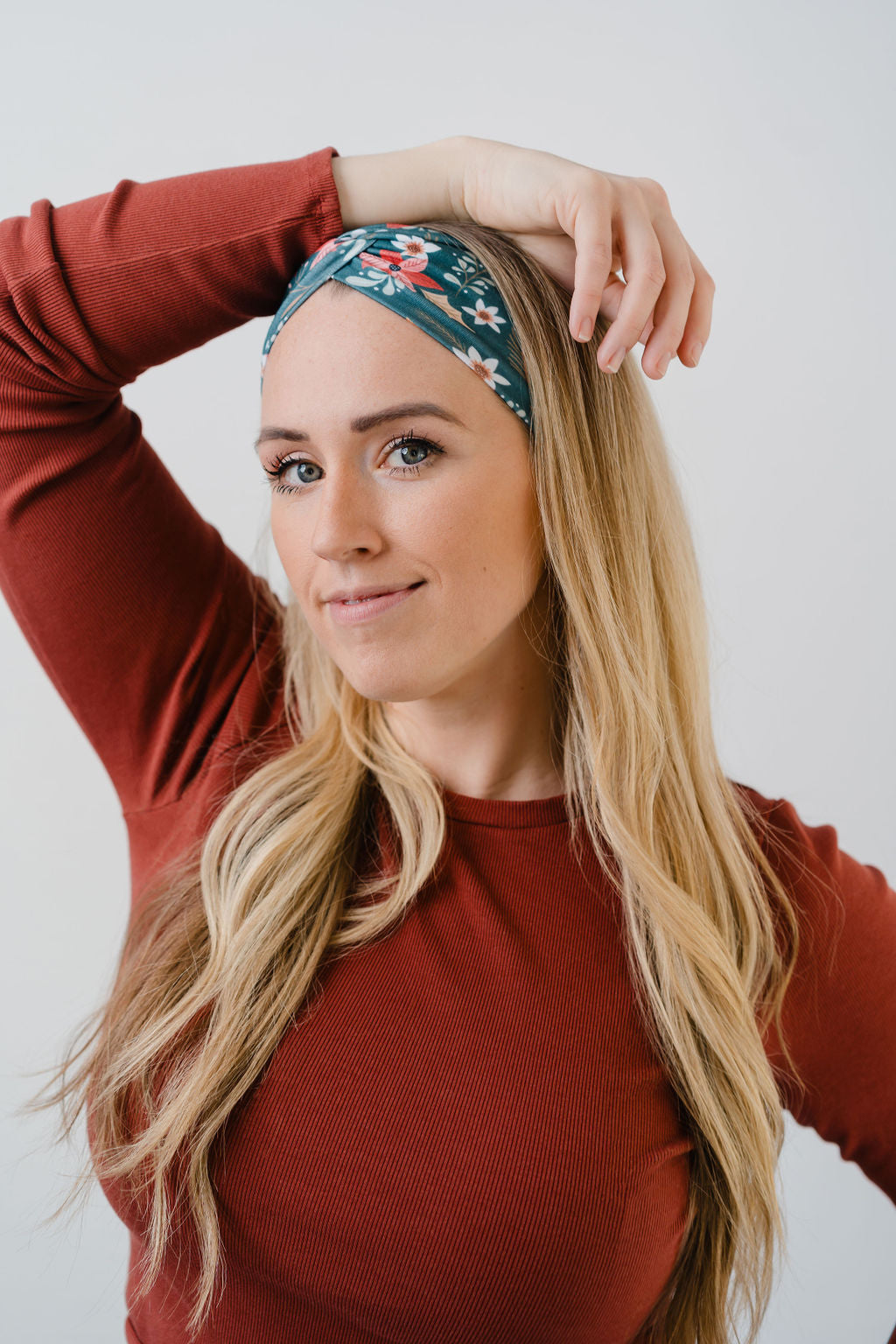 Adult women's dark emerald green with sage greenery, gold leaves, and red, pink and white flowers