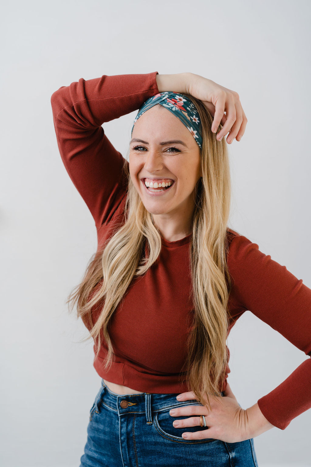 Adult women's dark emerald green with sage greenery, gold leaves, and red, pink and white flowers