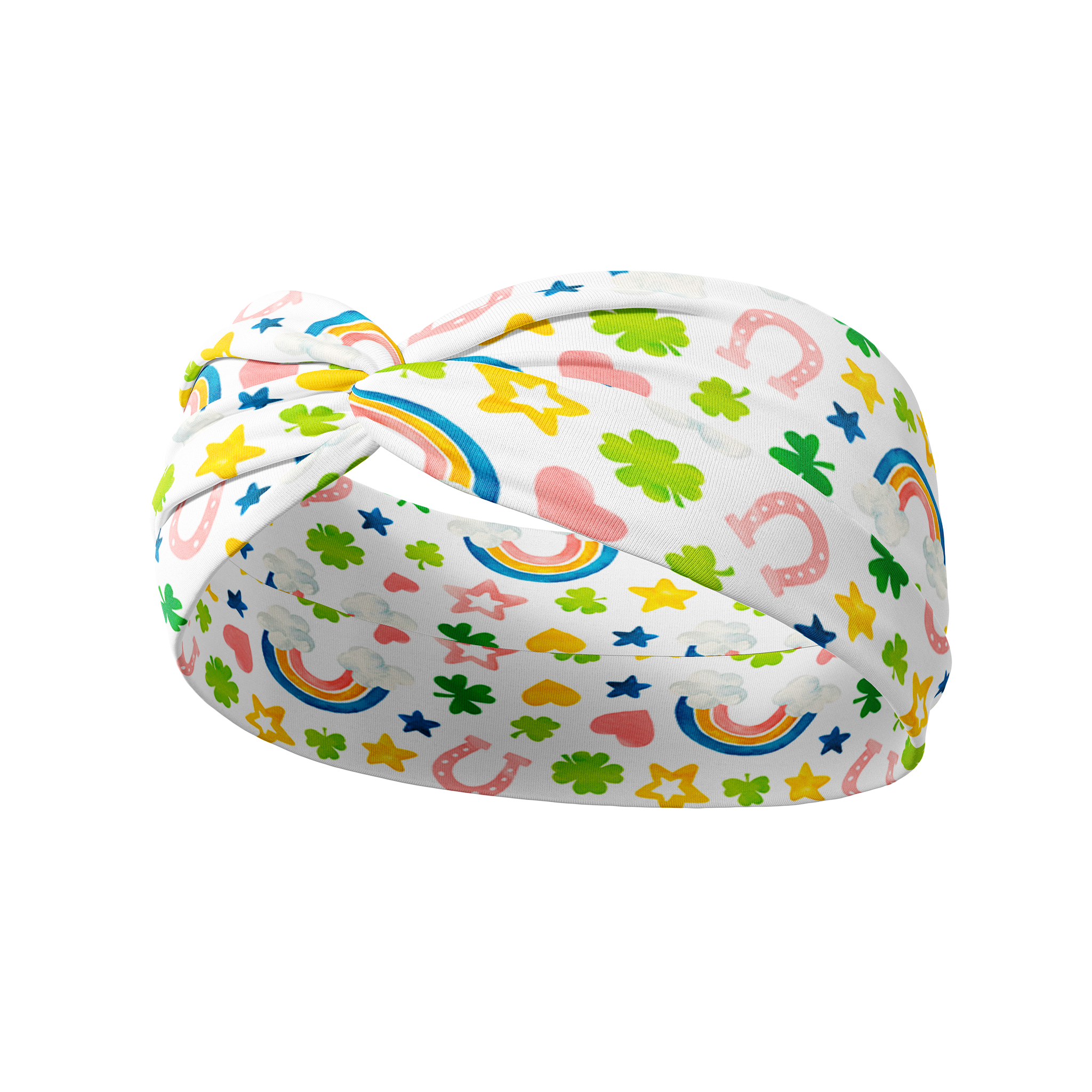 A versatile, functional white headband with colorful rainbow, clover, horseshoe, heart and star designs, perfect for workouts, shifts, or play days.