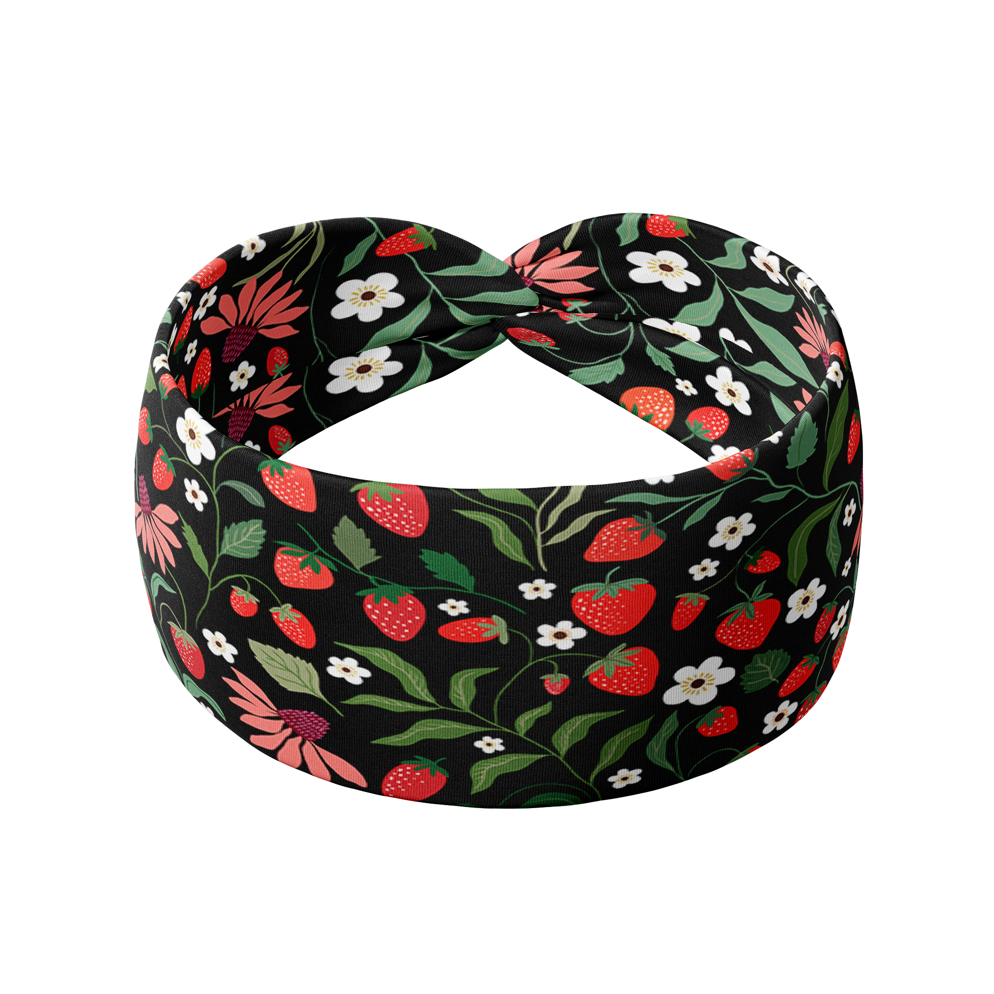 Feelin' Berry Good headband featuring red flowers and strawberries on a black background. Ultra-stretchy, non-slip, and machine washable for versatile wear.