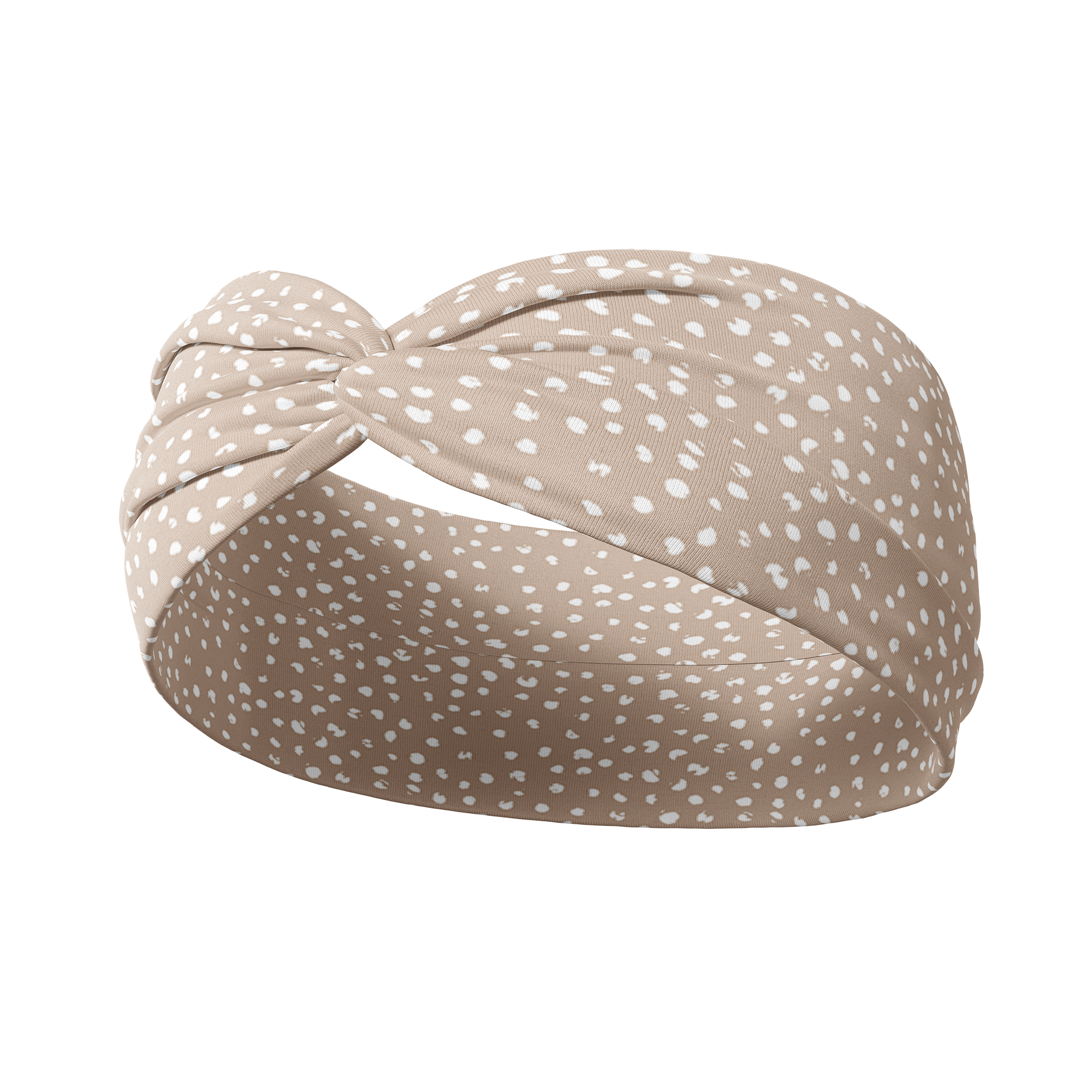 A versatile light beige Chai Latte headband with white natural spots, designed for confidence and function. Features ultra-stretchy poly-knit blend, sweat-absorbent double-layer fabric, and a 3-in-1 twist style. Made in Springfield, MO.