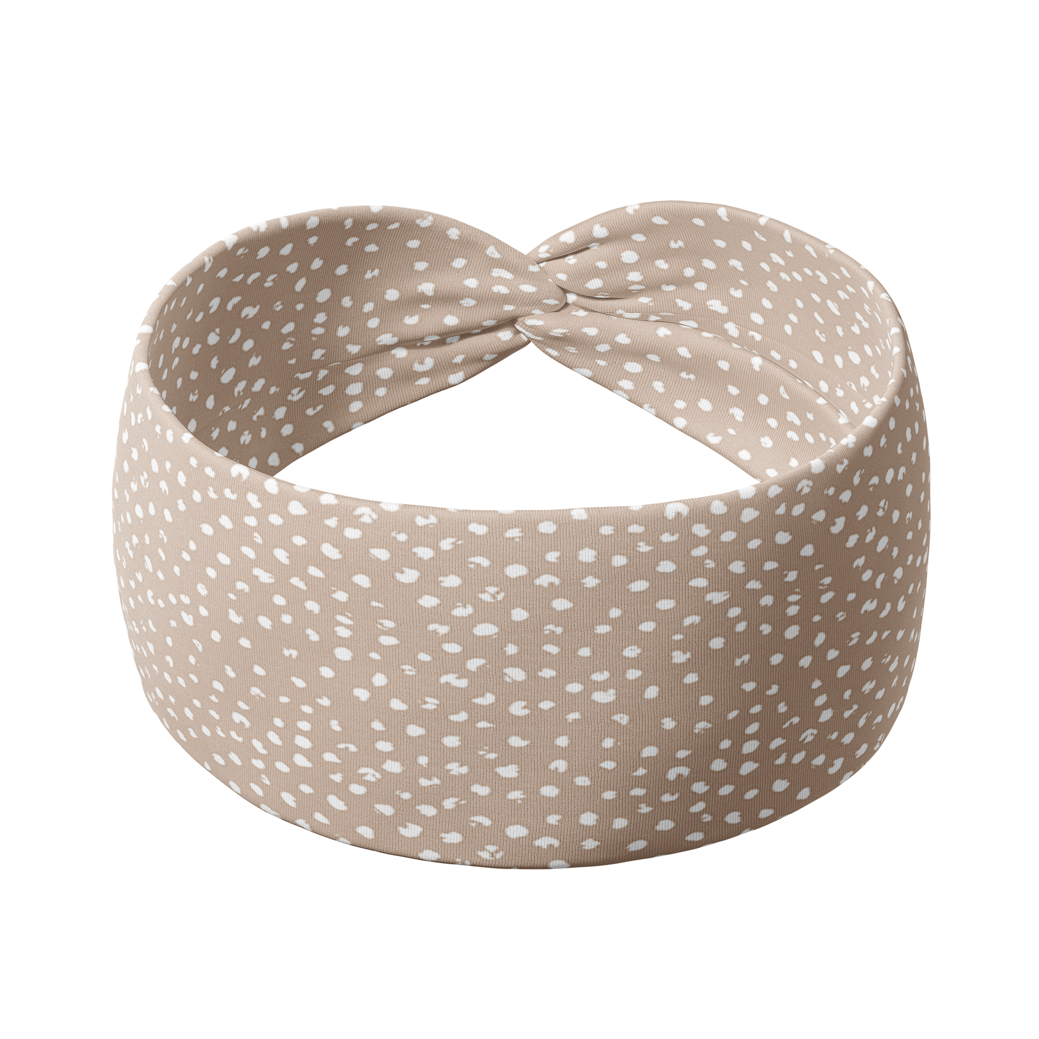 A versatile light beige Chai Latte headband with white natural spots, designed for confidence and function. Features ultra-stretchy poly-knit blend, sweat-absorbent double-layer fabric, and a 3-in-1 twist style. Made in Springfield, MO.