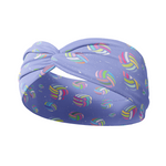 Adult women's purple headband with neon colored volleyballs and white speckle pattern