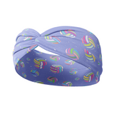 Adult women's purple headband with neon colored volleyballs and white speckle pattern