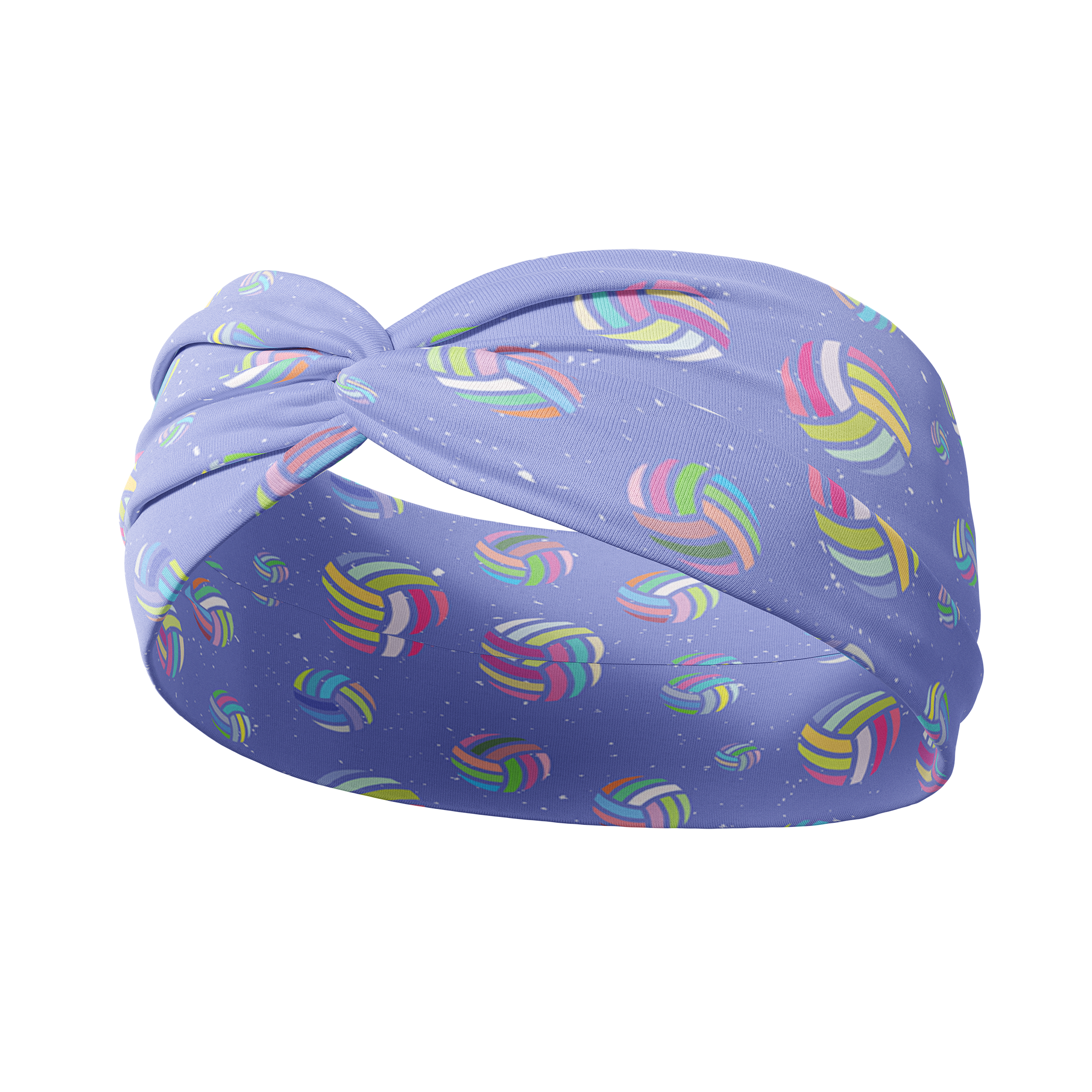 Adult women's purple headband with neon colored volleyballs and white speckle pattern