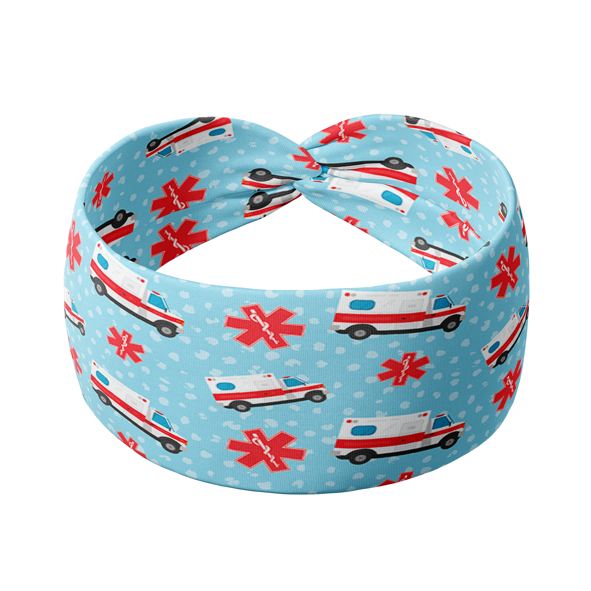 A blue headband featuring ambulance and red cross patterns, bringin both function with fashion. Versatile 3-in-1 twist style, sweat-absorbent, non-slip fabric.