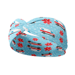 A blue headband featuring ambulance and red cross patterns, bringin both function with fashion. Versatile 3-in-1 twist style, sweat-absorbent, non-slip fabric.
