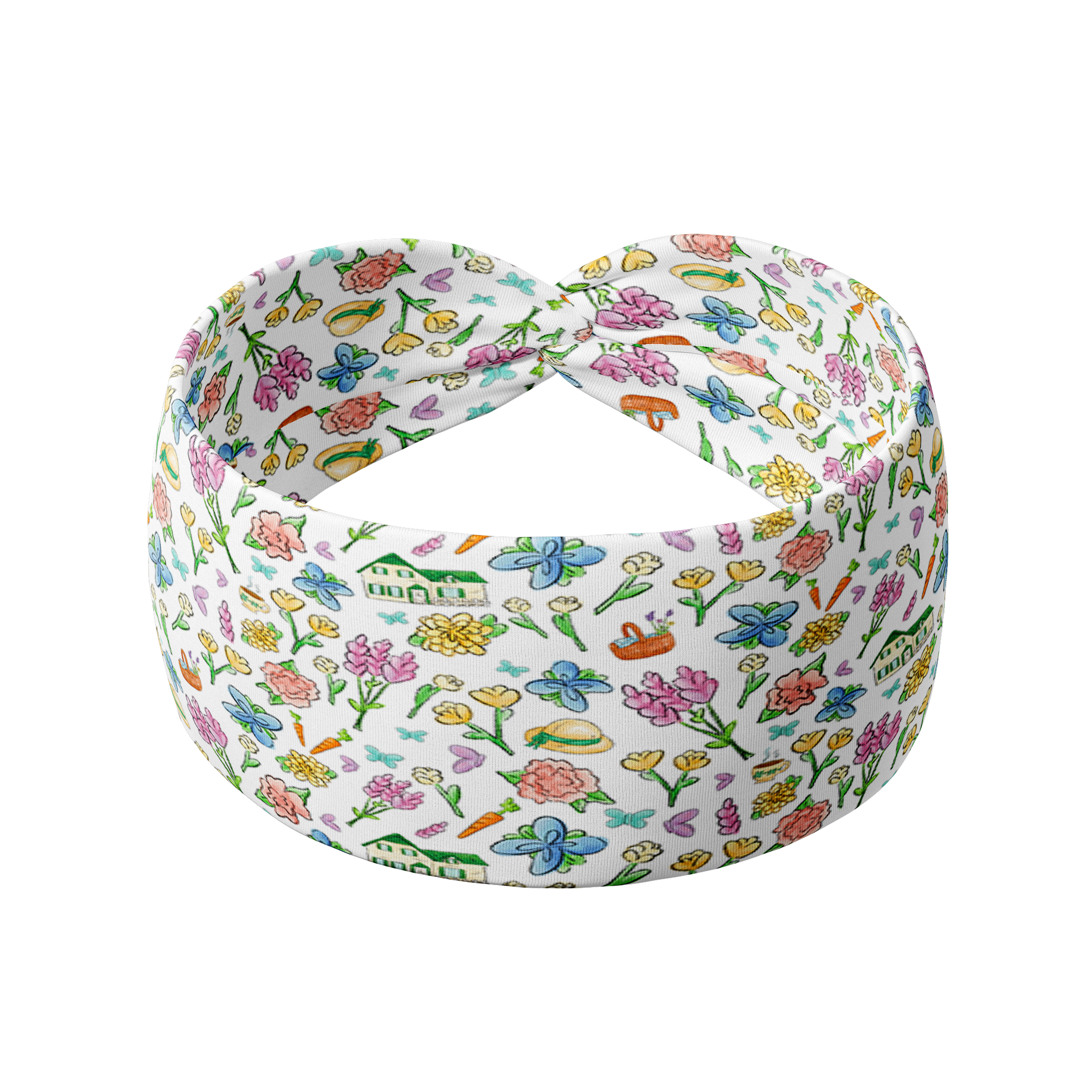 White Avonlea headband with colorful floral pattern and Anne of Green Gables designs, featuring a versatile 3-in-1 twist style and double-layer fabric for non-slip, sweat-absorbent functionality.