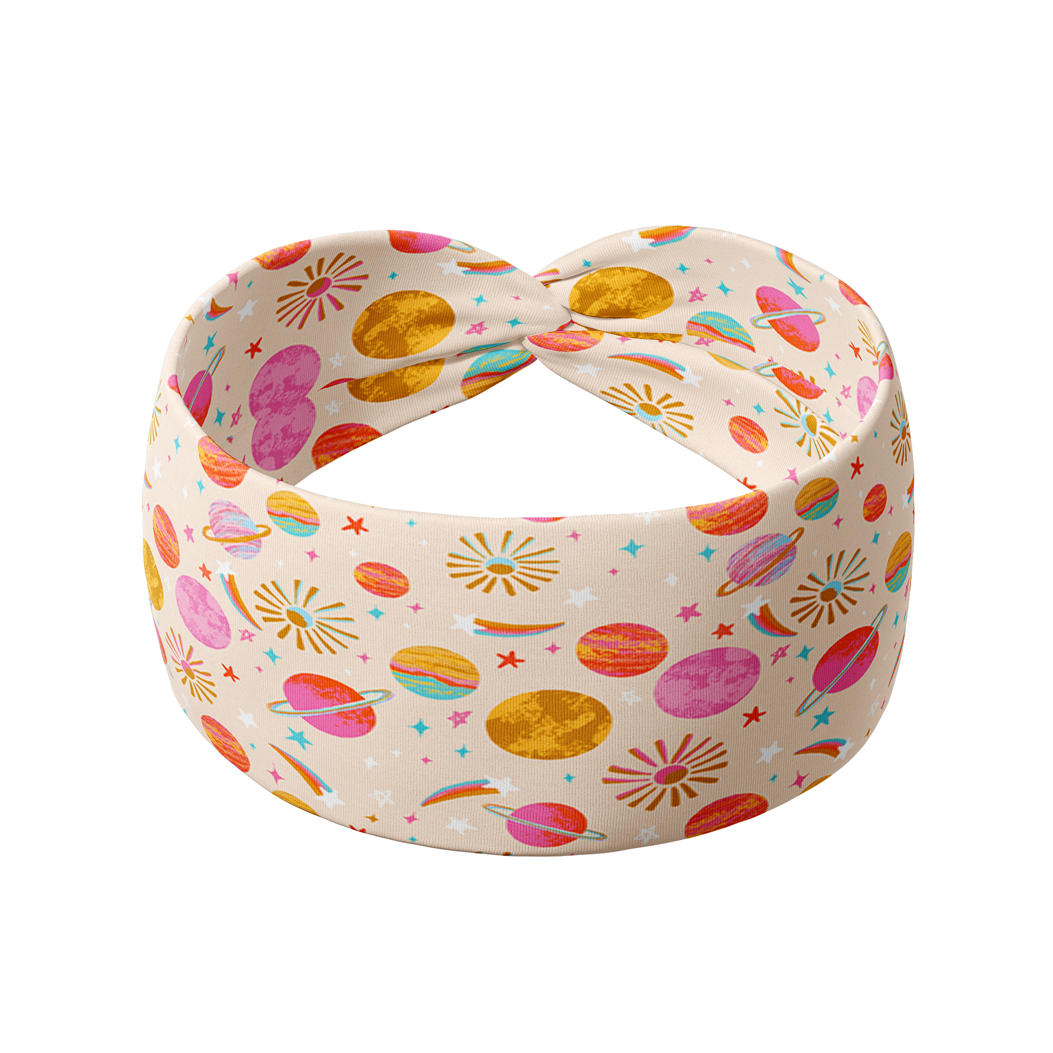 Tan headband, Field Trip to the Stars, featuring colorful planets and stars. Versatile 3-in-1 twist style, buttery-soft, sweat absorbent poly-knit blend for workouts or daily wear.