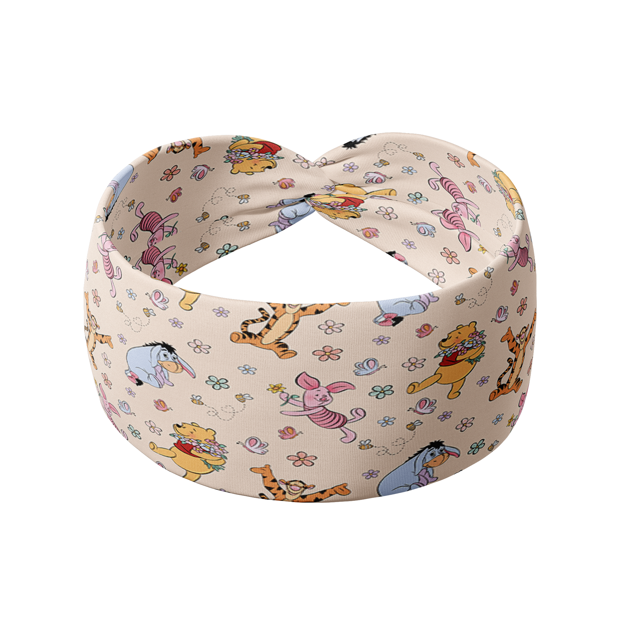 Limited Edition Hunny & Friends tan headband featuring Winnie the Pooh characters and small daisies, crafted from a buttery-soft, ultra-stretchy poly-knit blend, designed for reliable non-slip comfort.