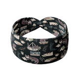 Lines, Vines & Felines black headband featuring curled up cats by coffee cups and planters and books, crafted from a buttery-soft, ultra-stretchy poly-knit blend, designed for reliable non-slip comfort.