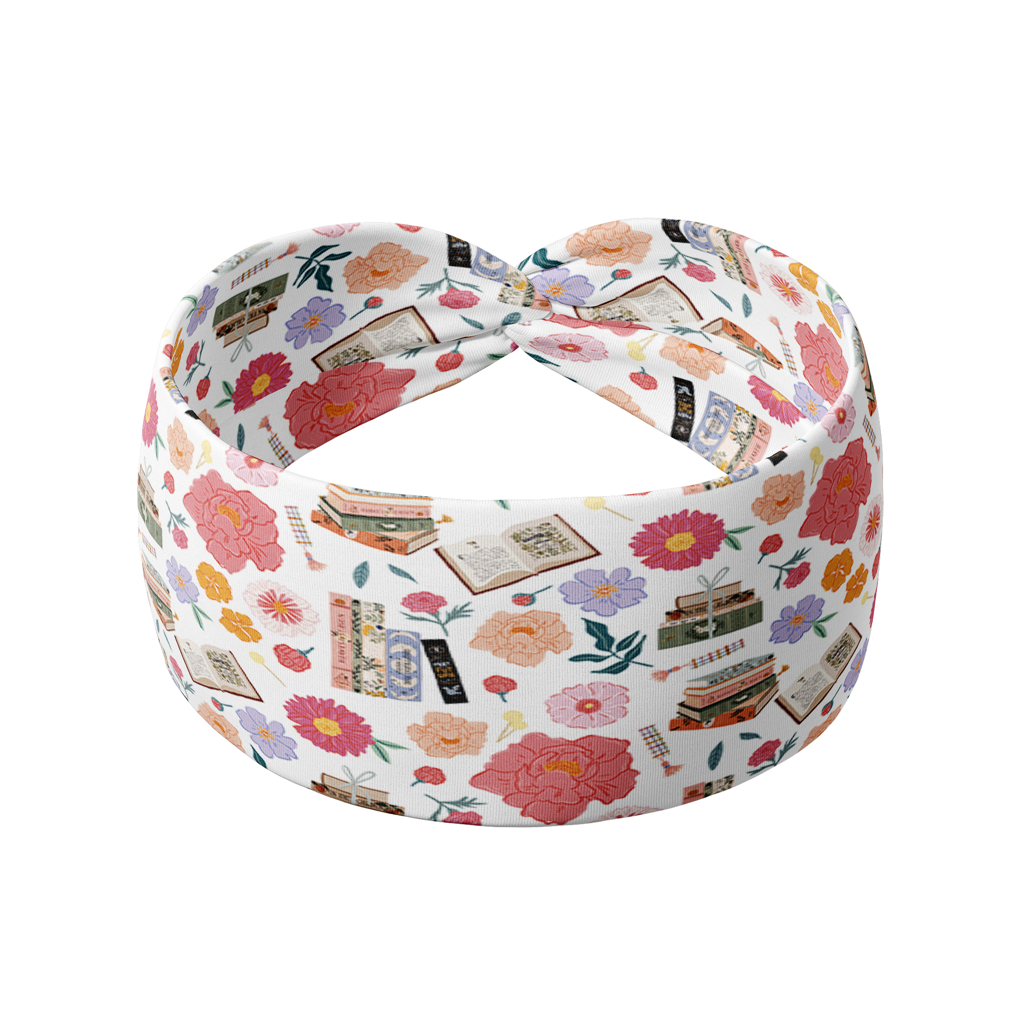 Pretty Pages white headband featuring book and flower design, crafted from a buttery-soft, ultra-stretchy poly-knit blend, designed for reliable non-slip comfort.