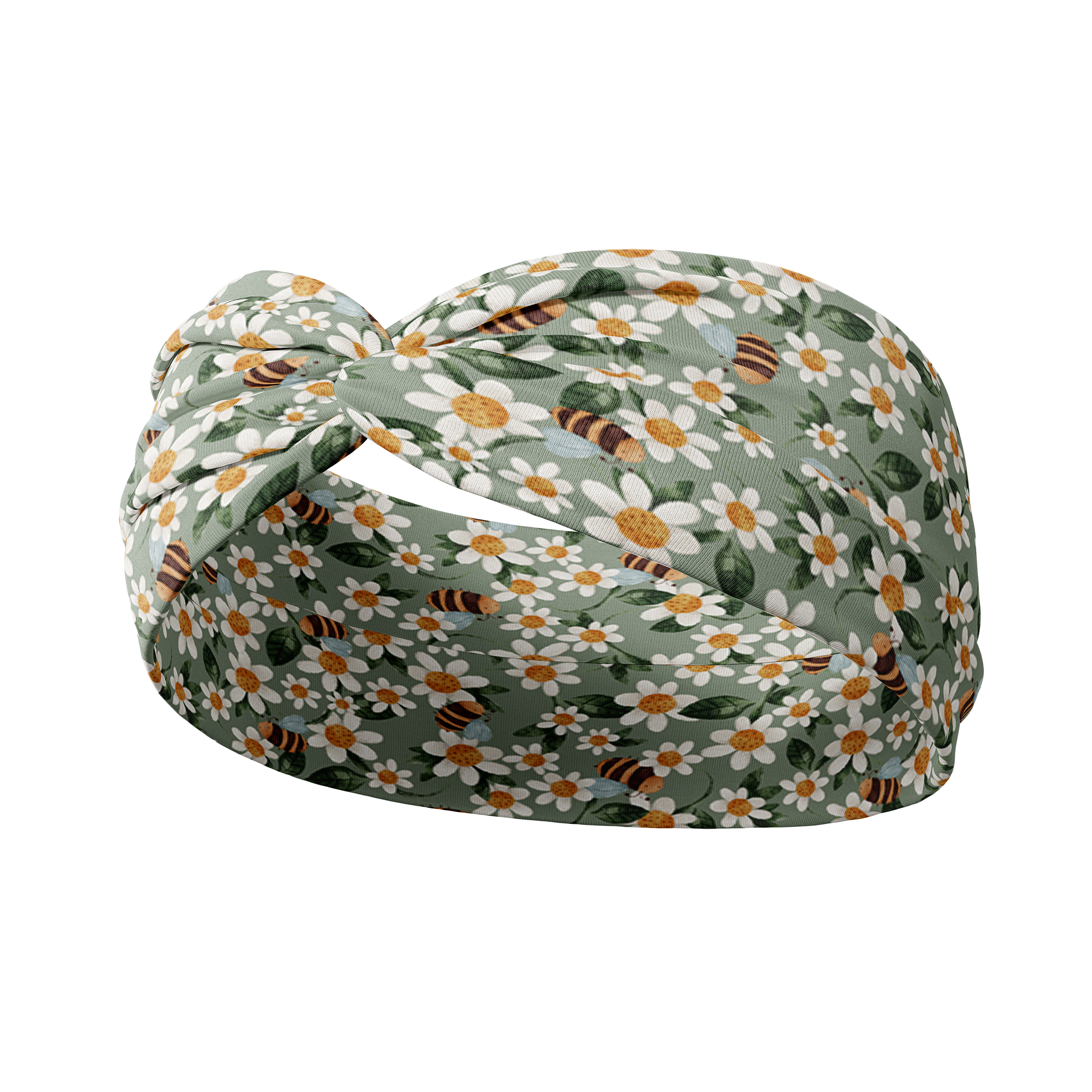 A sage headband Blossom Buddies featuring flowers and bees, designed for confidence and functionality. Lilac Market offers a versatile 3-in-1 twist style, sweat absorbency, and a buttery-soft poly-knit blend.