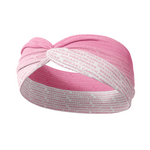 Adult women's pink to white headband with a ribbon on one side and small background font reading "Breast Cancer Awareness"