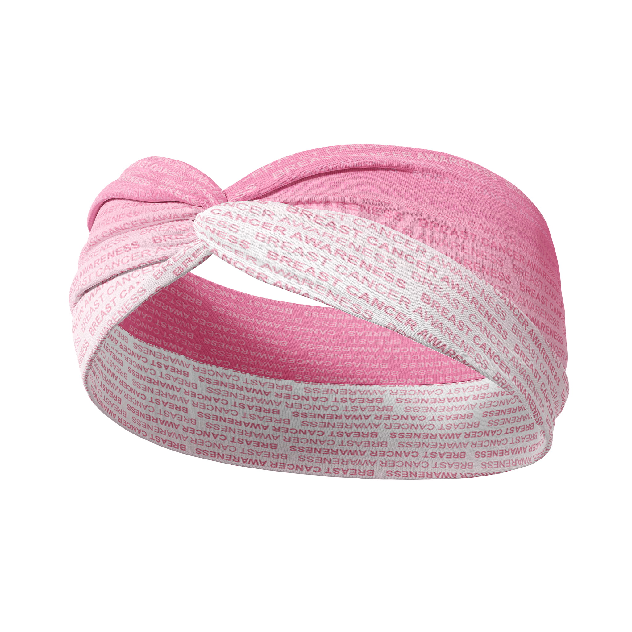 Adult women's pink to white headband with a ribbon on one side and small background font reading "Breast Cancer Awareness"