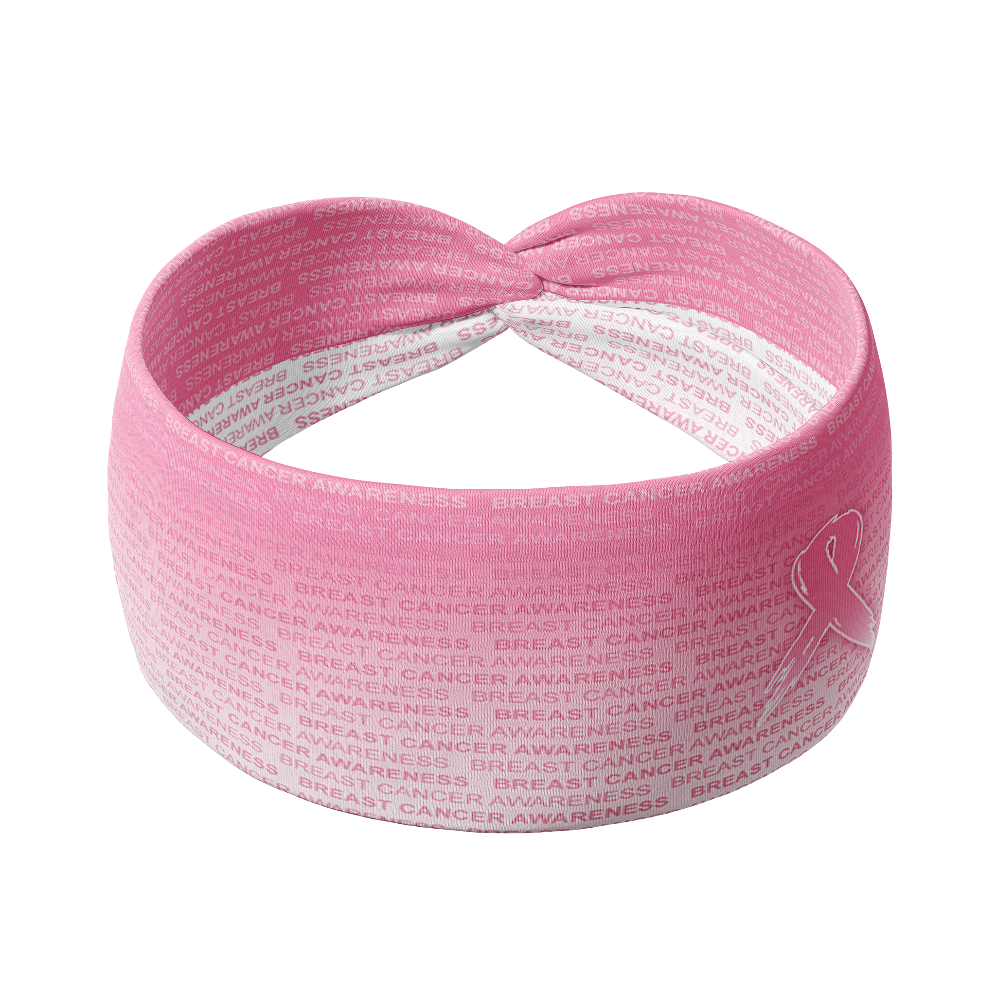 Adult women's pink to white headband with a ribbon on one side and small background font reading "Breast Cancer Awareness"