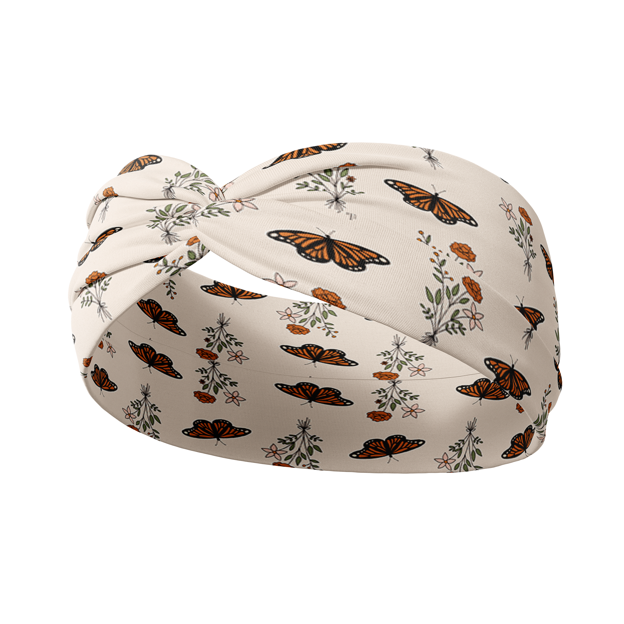 A tan Begin Again headband featuring delicate butterflies and small wildflower bouquets, designed for confidence and functionality. Machine washable, ultra-stretchy poly-knit blend, with a versatile 3-in-1 twist style. Ideal for workouts, shifts, or play.