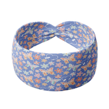 A blue headband adorned with butterflies, flowers and small oxygen tube for infants designed for confidence and functionality. Versatile 3-in-1 twist style, machine washable, sweat-absorbent, and non-slip.