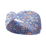 A blue headband adorned with butterflies, flowers and small oxygen tube for infants designed for confidence and functionality. Versatile 3-in-1 twist style, machine washable, sweat-absorbent, and non-slip.