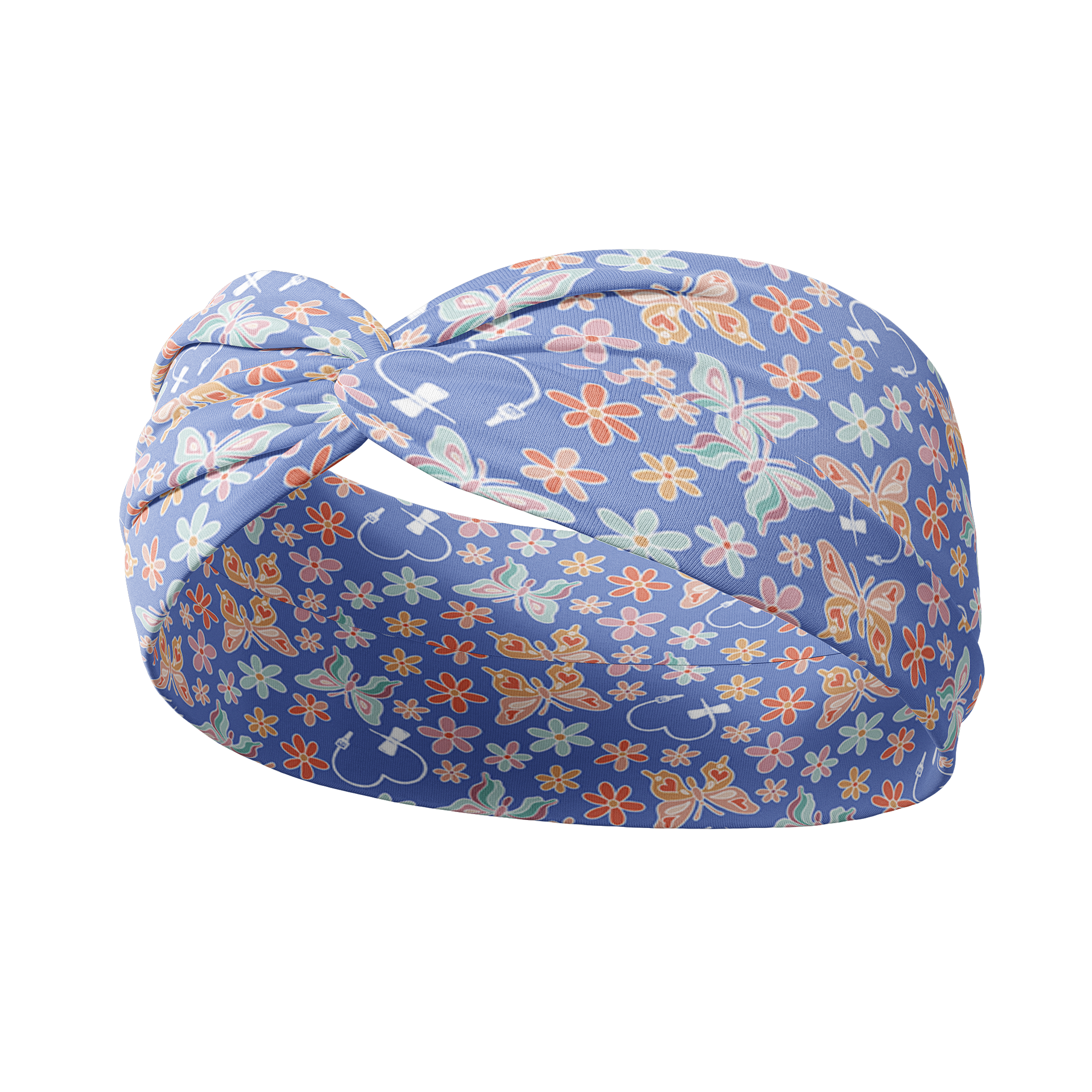 A blue headband adorned with butterflies, flowers and small oxygen tube for infants designed for confidence and functionality. Versatile 3-in-1 twist style, machine washable, sweat-absorbent, and non-slip.
