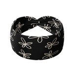 Chloe Floral on Black headband, a versatile black 3-in-1 twist style headband with white flowers. Functional, affordable, and reliable.