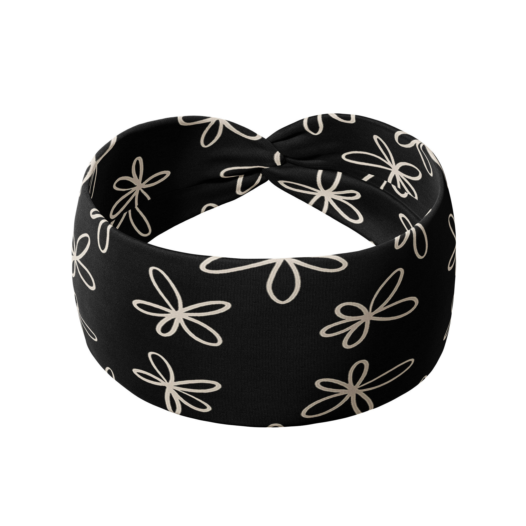 Chloe Floral on Black headband, a versatile black 3-in-1 twist style headband with white flowers. Functional, affordable, and reliable.