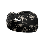 Chloe Floral on Black headband, a versatile black 3-in-1 twist style headband with white flowers. Functional, affordable, and reliable.