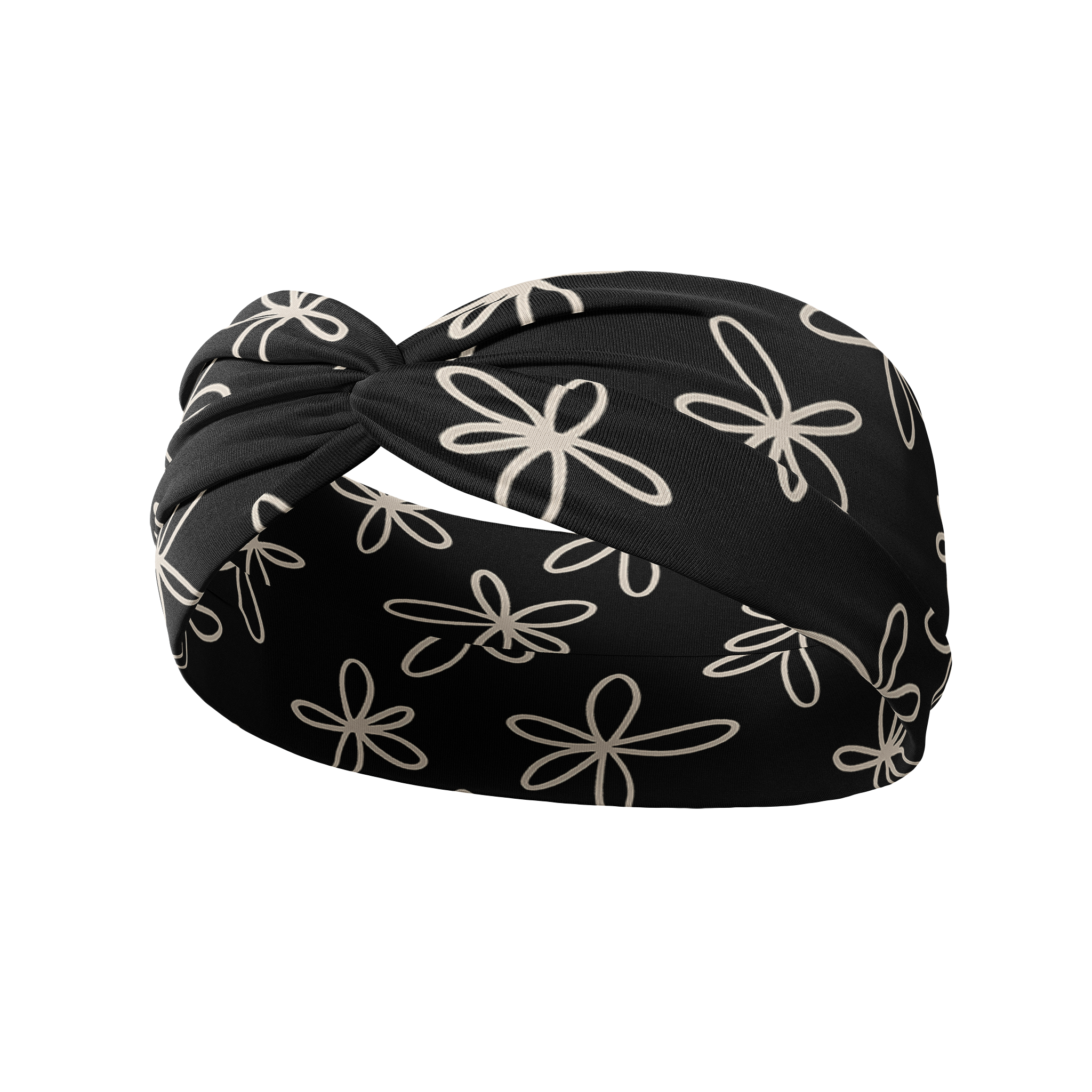 Chloe Floral on Black headband, a versatile black 3-in-1 twist style headband with white flowers. Functional, affordable, and reliable.