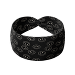 A black headband with white smiley faces, providing confidence and functionality. Perfect for workouts, shifts, or play days.