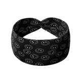 A black headband with white smiley faces, providing confidence and functionality. Perfect for workouts, shifts, or play days.