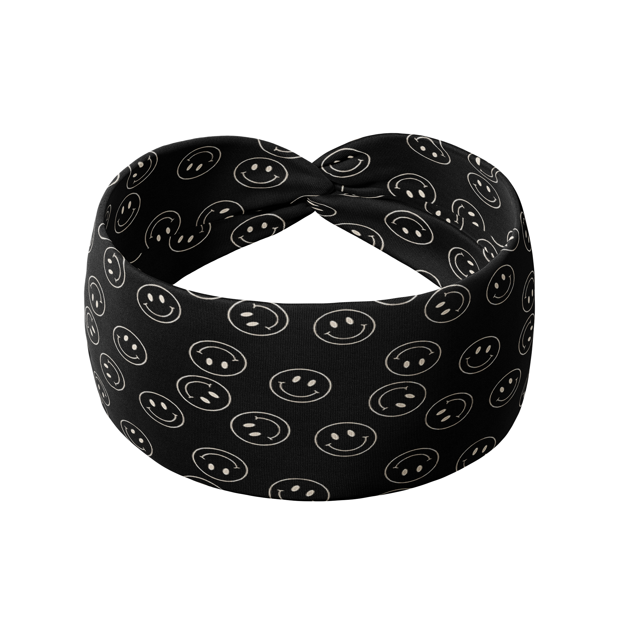 A black headband with white smiley faces, providing confidence and functionality. Perfect for workouts, shifts, or play days.