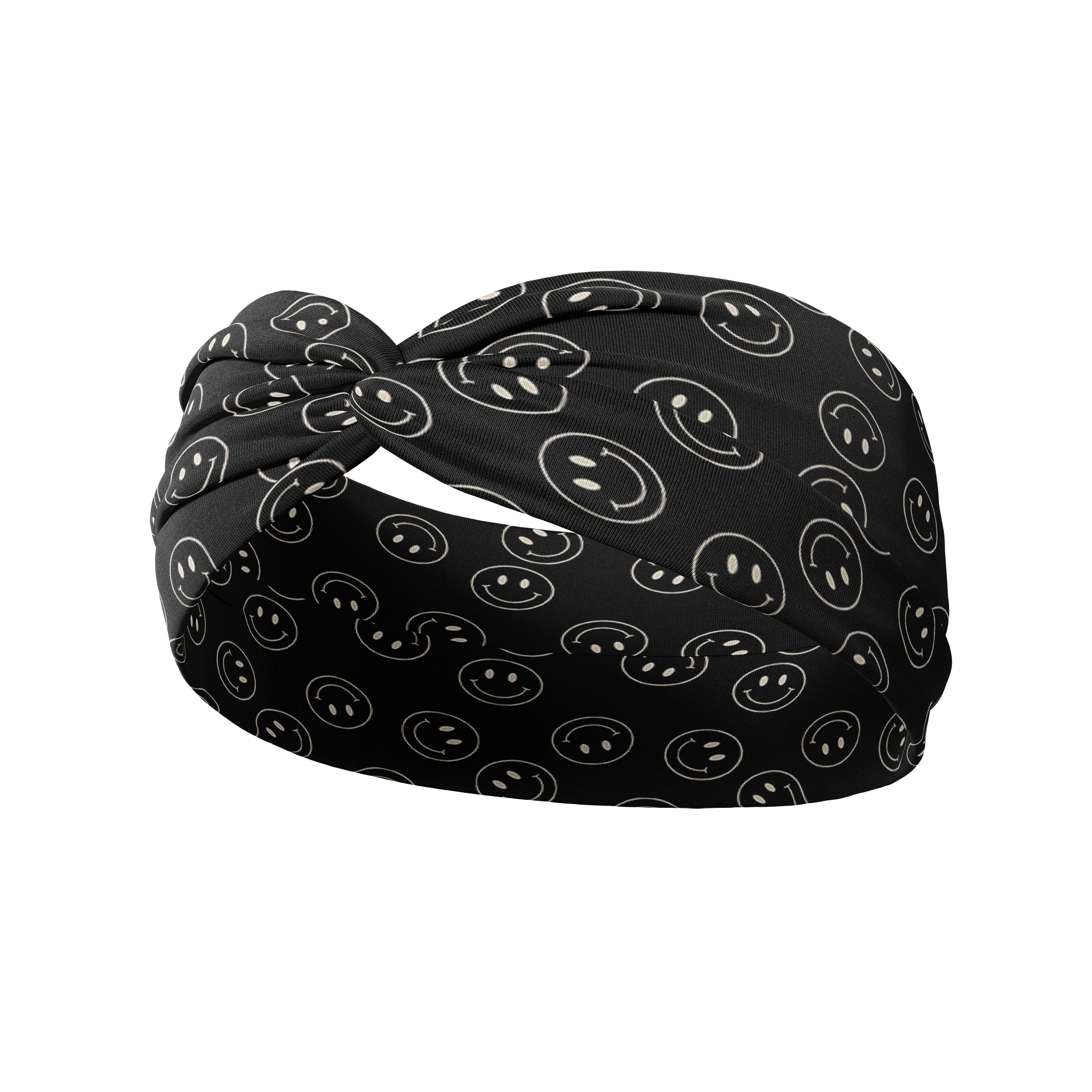 A black headband with white smiley faces, providing confidence and functionality. Perfect for workouts, shifts, or play days.