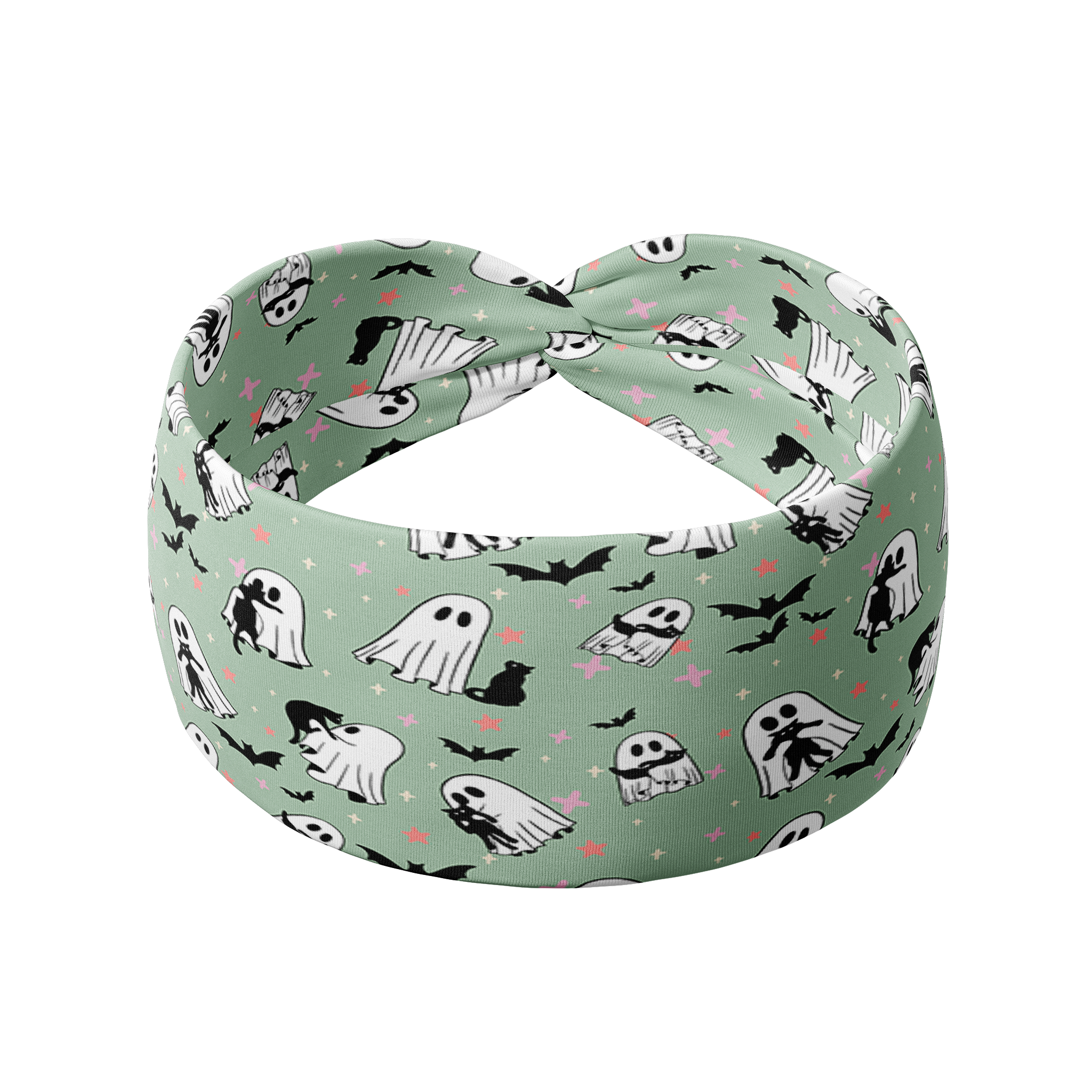 Green Purranormal Activity headband featuring cartoon ghosts and bats, made of ultra-stretchy poly-knit blend, sweat absorbent, non-slip, and versatile 3-in-1 twist style.
