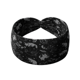 Gimme Some Space black headband featuring grey cats in space details, crafted from a buttery-soft, ultra-stretchy poly-knit blend, the most comfortable hair accessory ever.