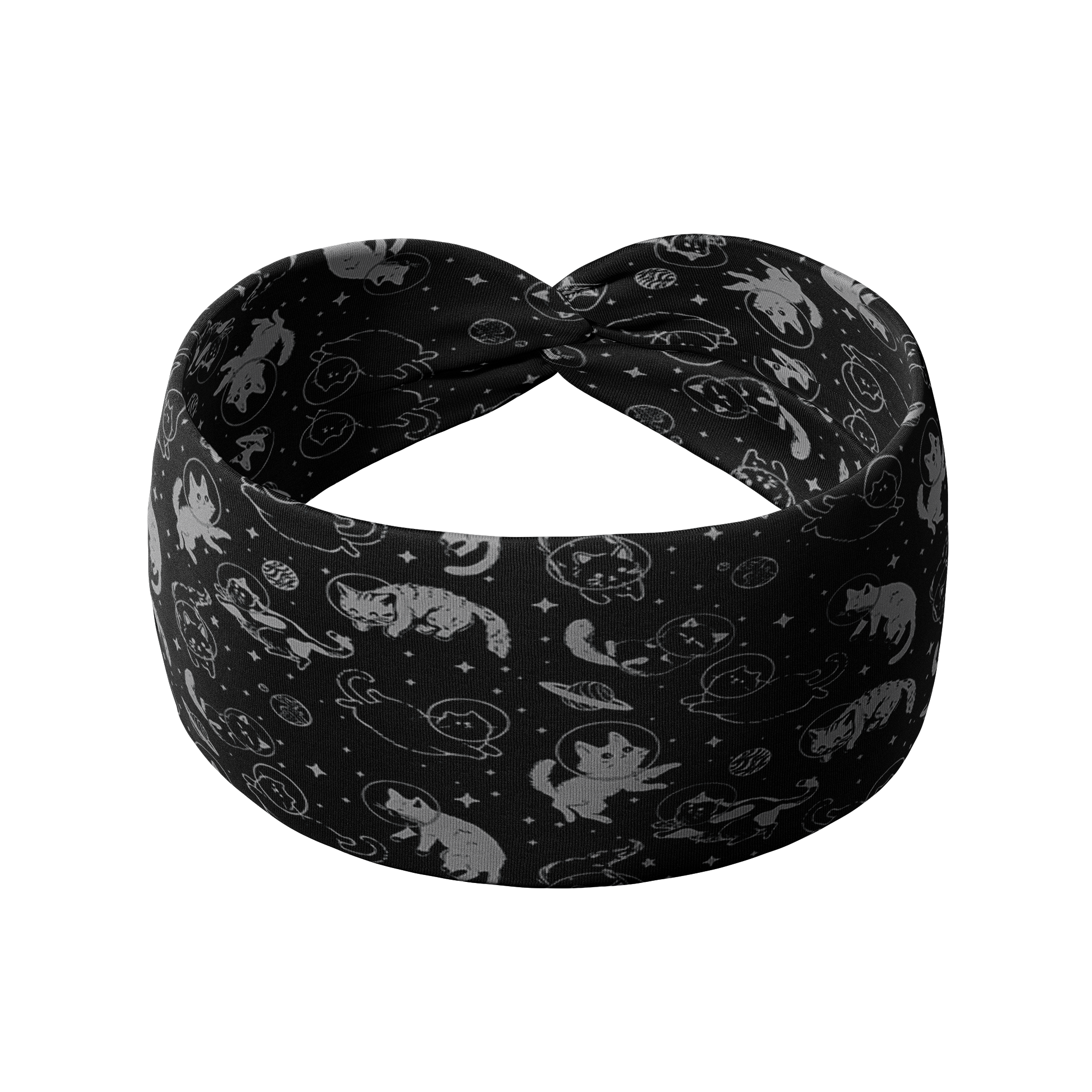 Gimme Some Space black headband featuring grey cats in space details, crafted from a buttery-soft, ultra-stretchy poly-knit blend, the most comfortable hair accessory ever.