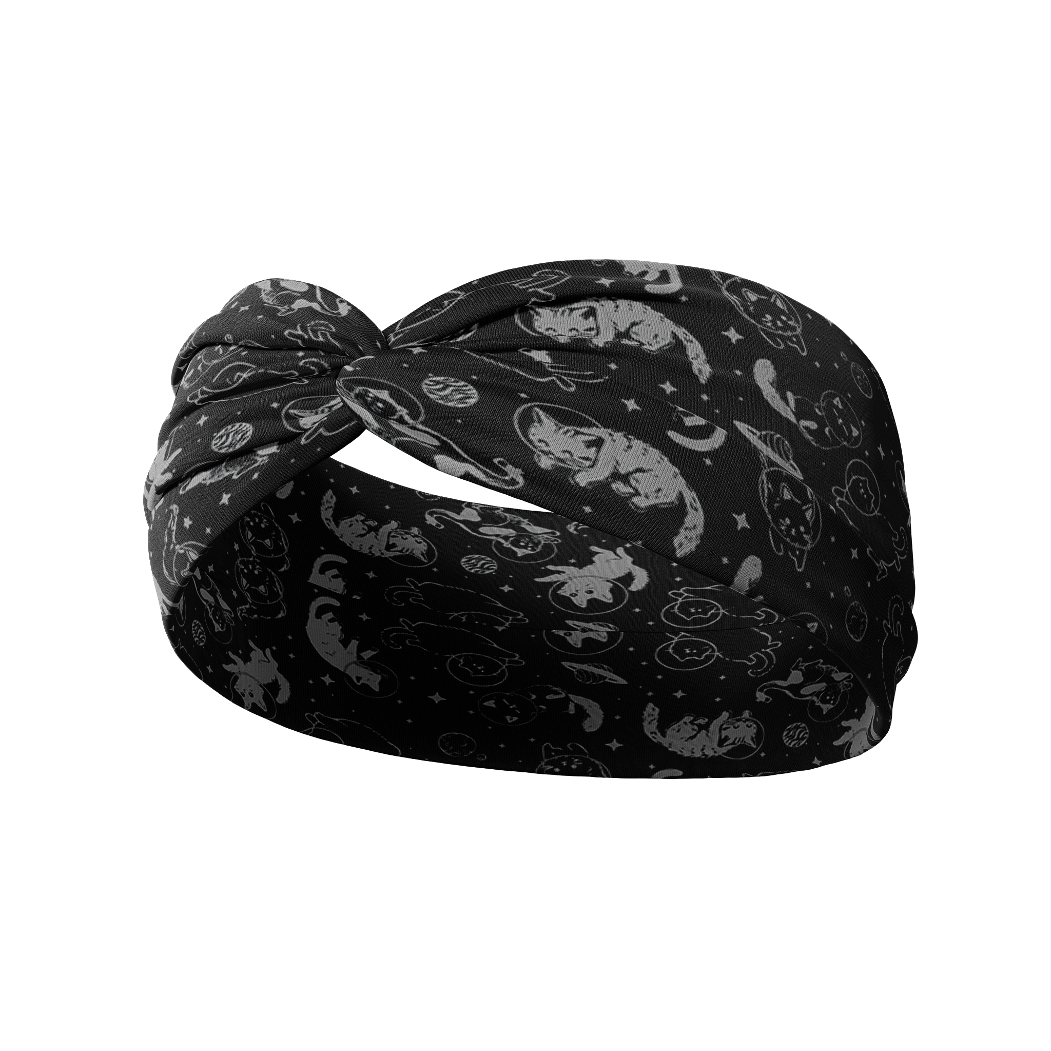 Gimme Some Space black headband featuring grey cats in space details, crafted from a buttery-soft, ultra-stretchy poly-knit blend, the most comfortable hair accessory ever.
