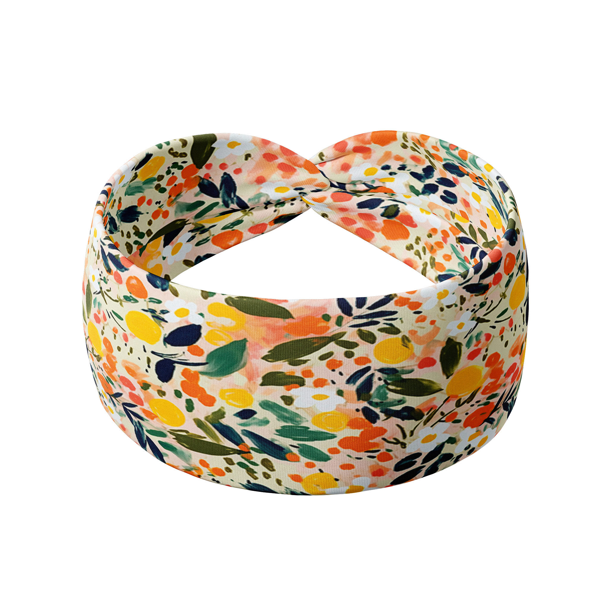 Simply the Zest white headband with a watercolor citrus plant pattern, showcasing a versatile 3-in-1 twist style and double-layer fabric for functionality and comfort.