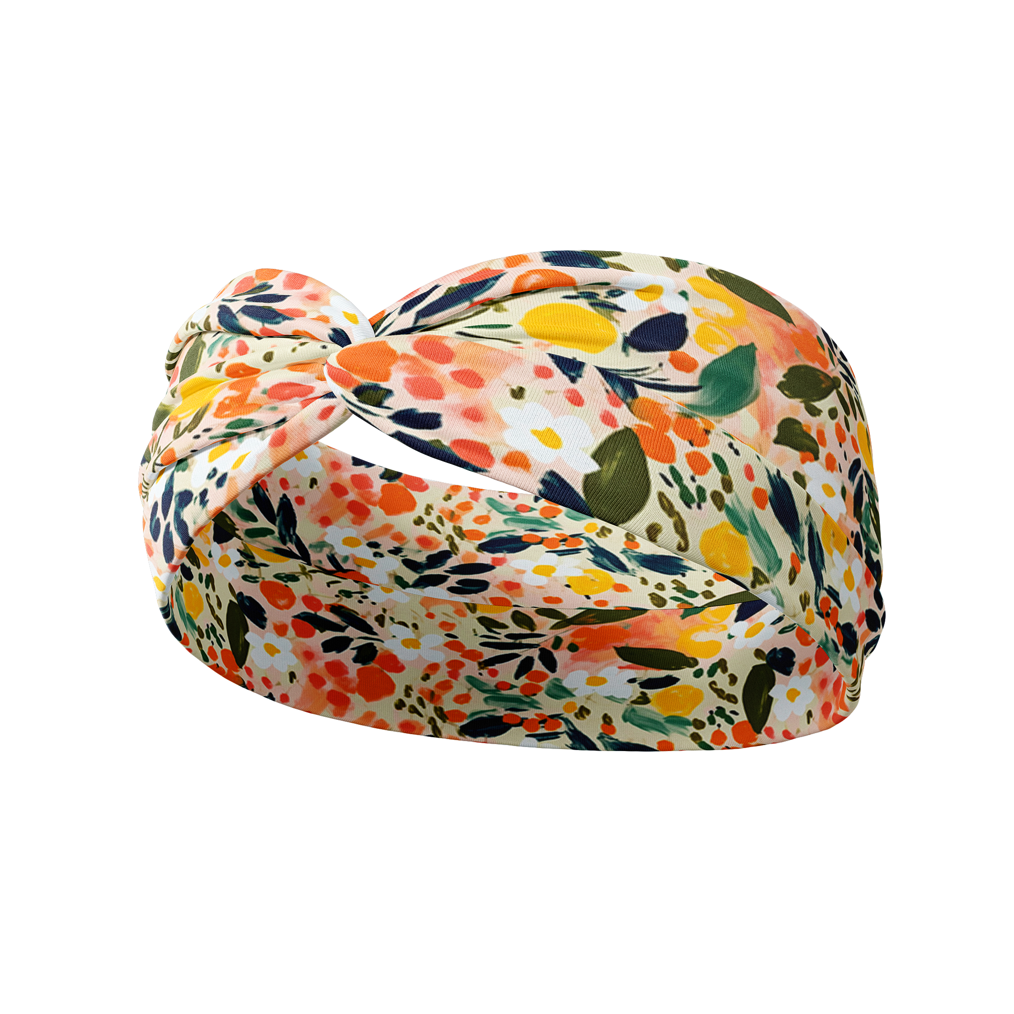 Simply the Zest headband with a watercolor citrus plant pattern, showcasing a versatile 3-in-1 twist style and double-layer fabric for functionality and comfort.