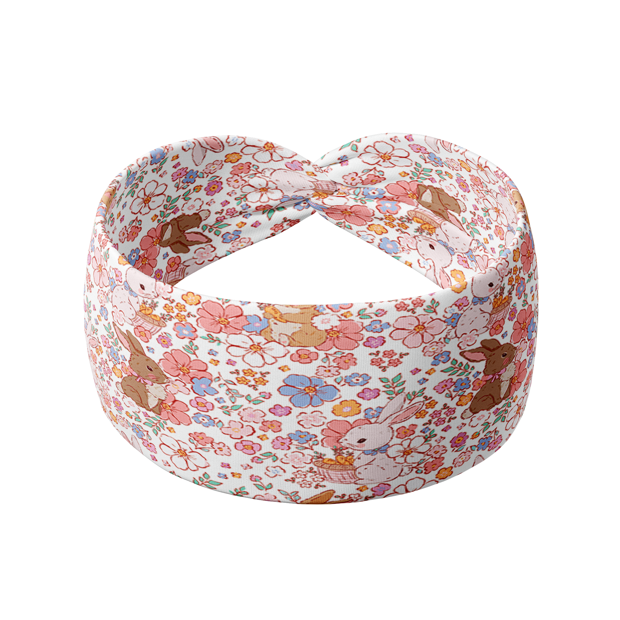 Hunny Bunny white headband featuring pink and brown bunnies with various white, pink, periwinkle and mustard floral pattern, crafted from a buttery-soft, ultra-stretchy poly-knit blend, designed for reliable non-slip comfort.