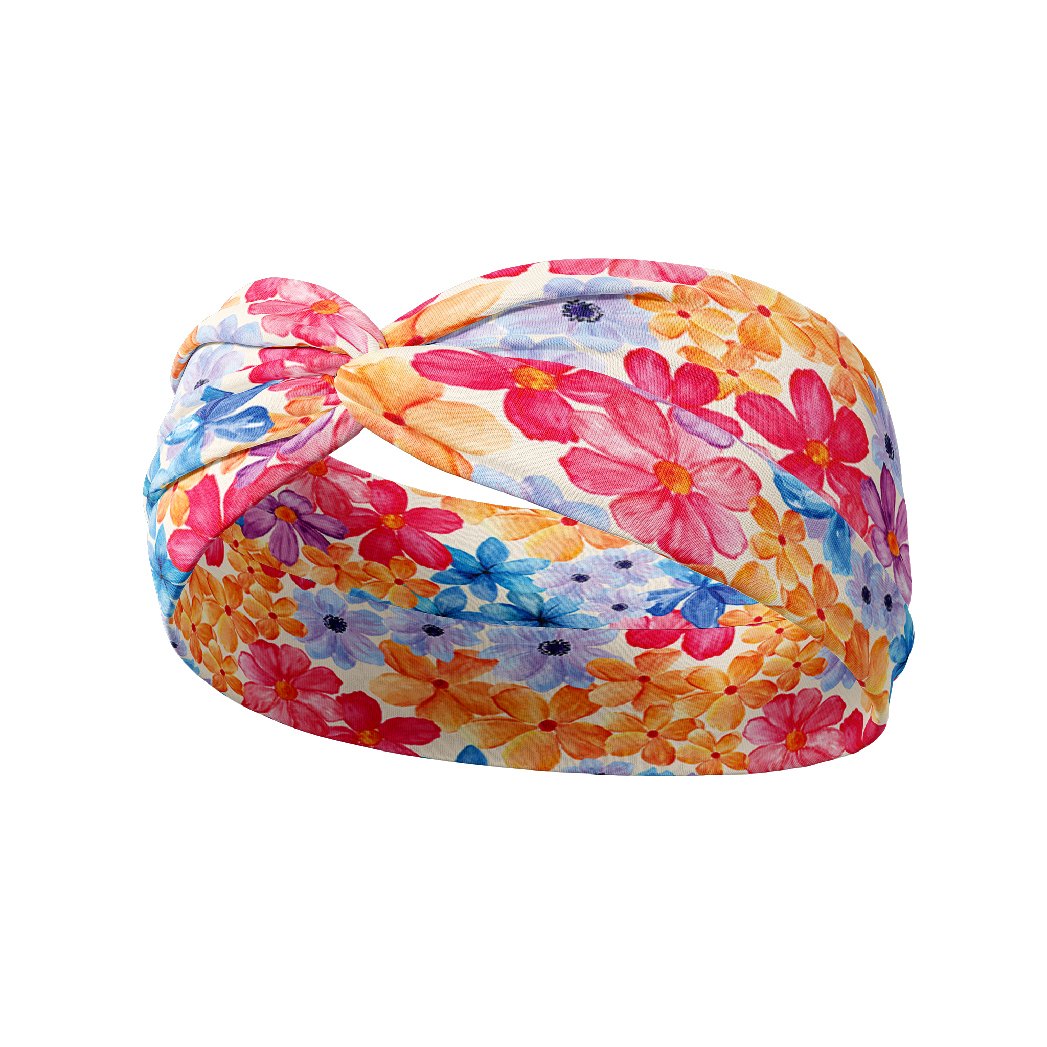 April Floral on Ivory white headband featuring red, orange, blue and purple painted floral design, crafted from a buttery-soft, ultra-stretchy poly-knit blend, designed for reliable non-slip comfort.