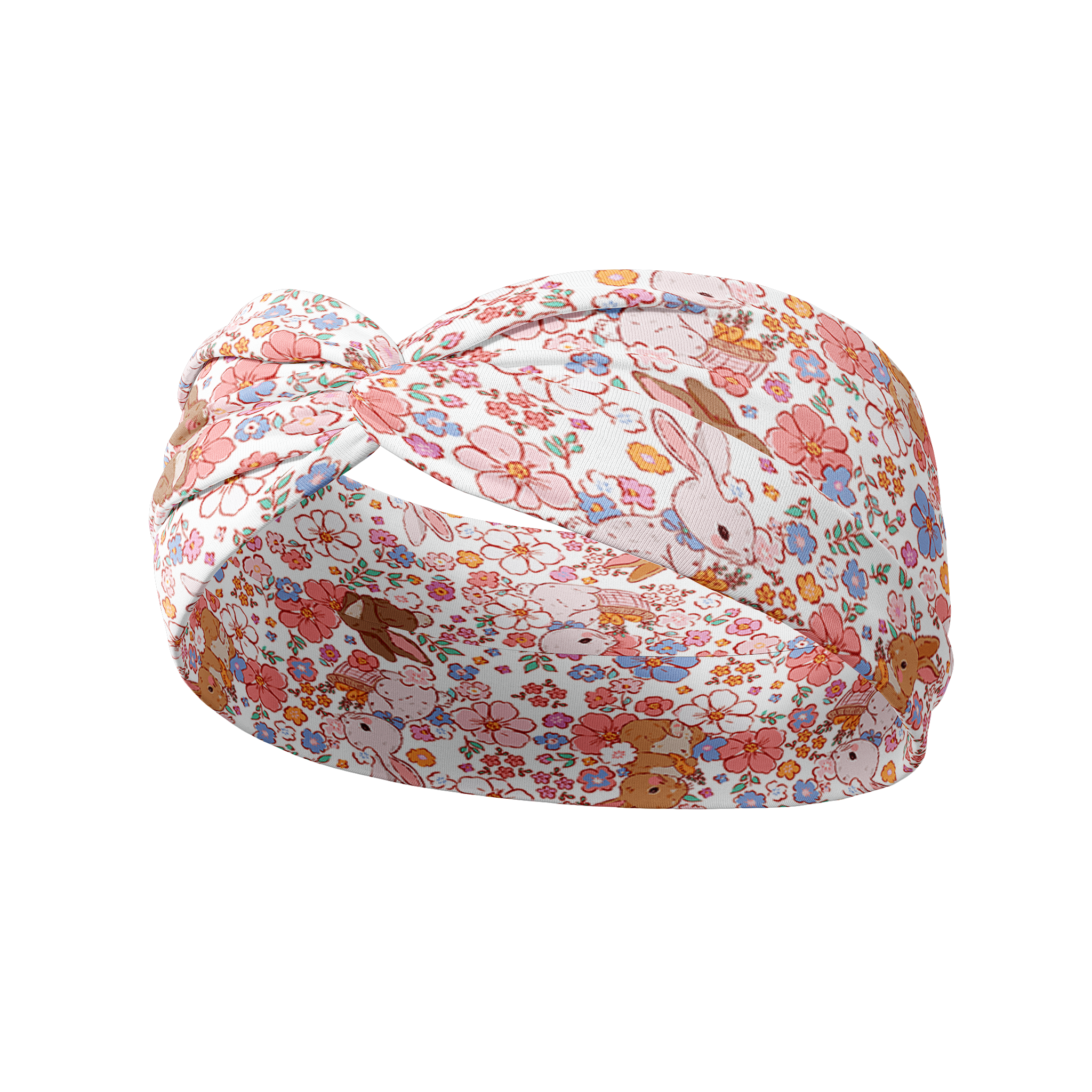 Hunny Bunny white headband featuring pink and brown bunnies with various white, pink, periwinkle and mustard floral pattern, crafted from a buttery-soft, ultra-stretchy poly-knit blend, designed for reliable non-slip comfort.