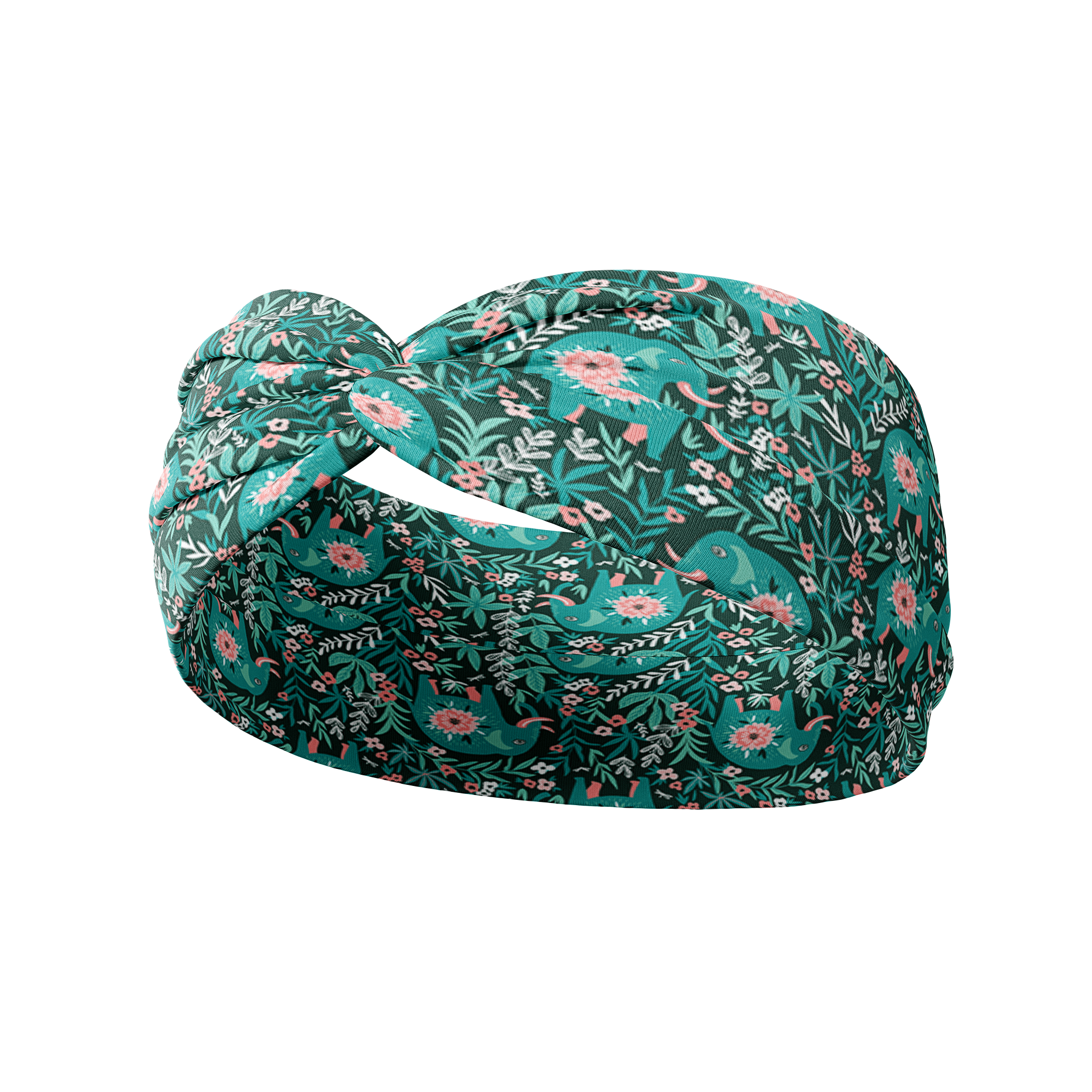 Adult women's dark green headband with teal elephants and greenery, pink tusks and legs and flowers