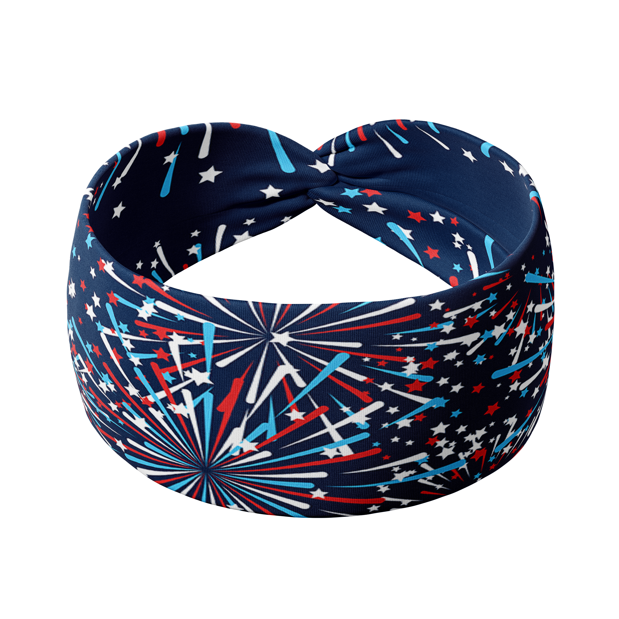 Adult women's navy headband with red, white and blue firework and star design