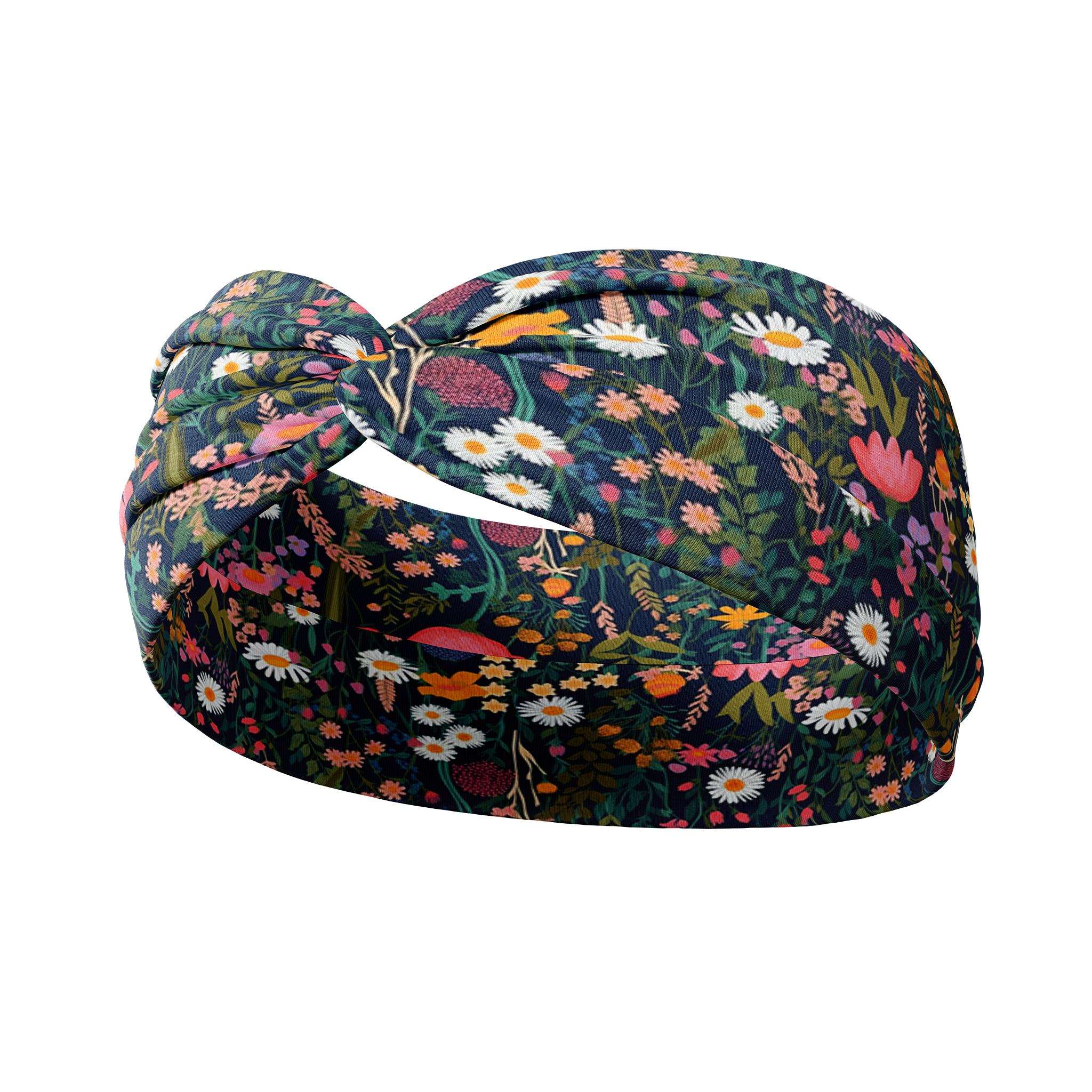 The Courtney Floral on Navy headband featuring a floral pattern, designed for confidence and functionality. Versatile 3-in-1 twist style, sweat-absorbent, non-slip, machine washable, and ultra-soft poly-knit blend. Sizes for women and children.