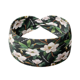 A black headband with white floral pattern and "Mama" script, offering confidence and functionality. Features one size fits most, machine washable, ultra stretchy poly-knit blend, versatile 3-in-1 twist style, sweat absorbent double-layer fabric.