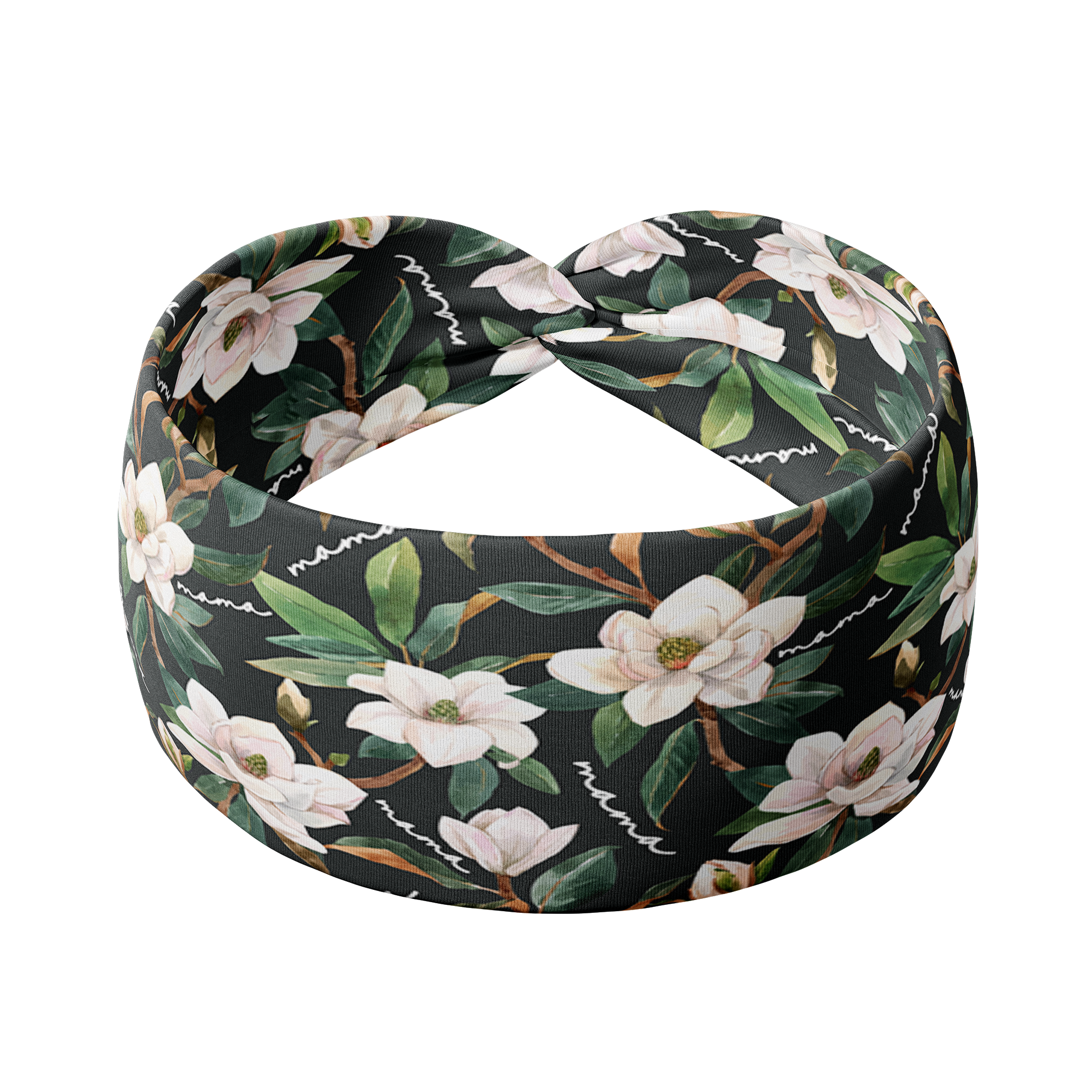 A black headband with white floral pattern and "Mama" script, offering confidence and functionality. Features one size fits most, machine washable, ultra stretchy poly-knit blend, versatile 3-in-1 twist style, sweat absorbent double-layer fabric.