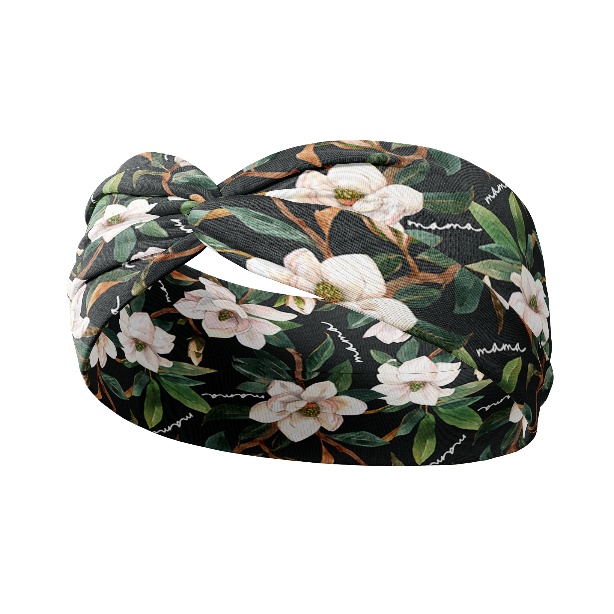 A black headband with white floral pattern and "Mama" script, offering confidence and functionality. Features one size fits most, machine washable, ultra stretchy poly-knit blend, versatile 3-in-1 twist style, sweat absorbent double-layer fabric.